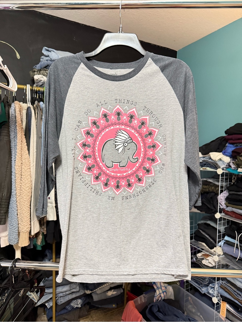 Simply Faithful Philippians 4:13 Elephant Graphic 3/4 Sleeve - Picture 4 of 5
